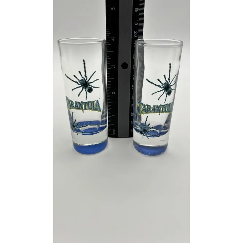 Set Of 2 Tarantula Tequila Shot Glasses Spiders Blue & Clear Very Good Condition